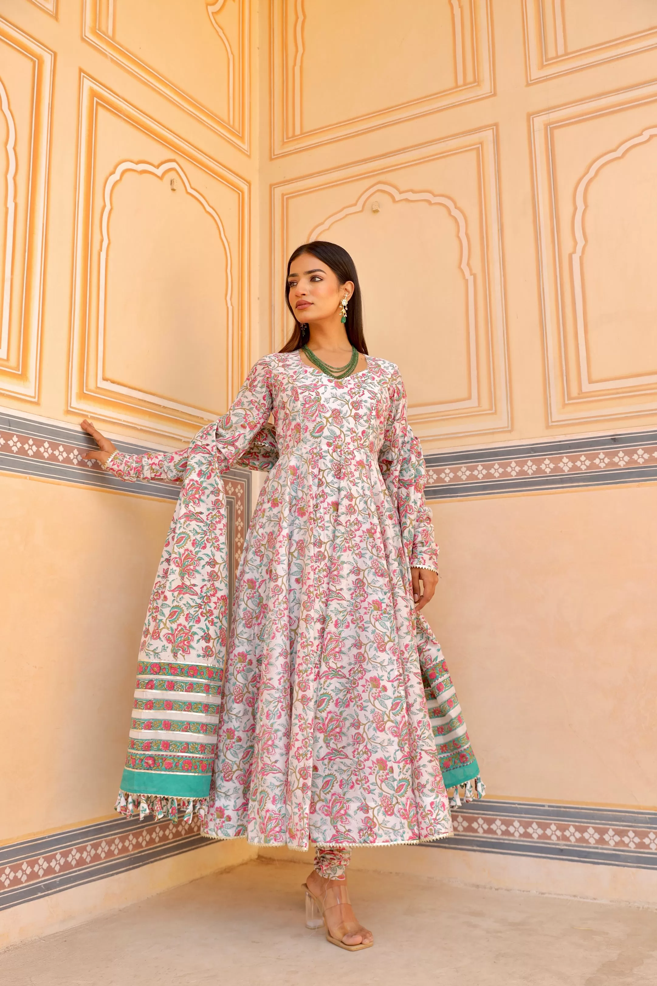 White flower print handblock chanderi anarkali set