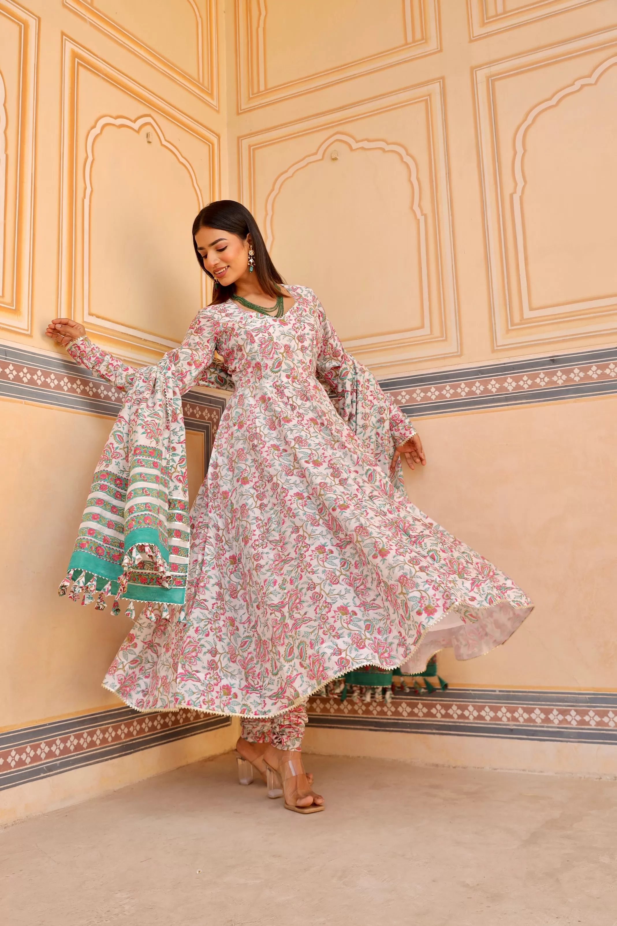 White flower print handblock chanderi anarkali set