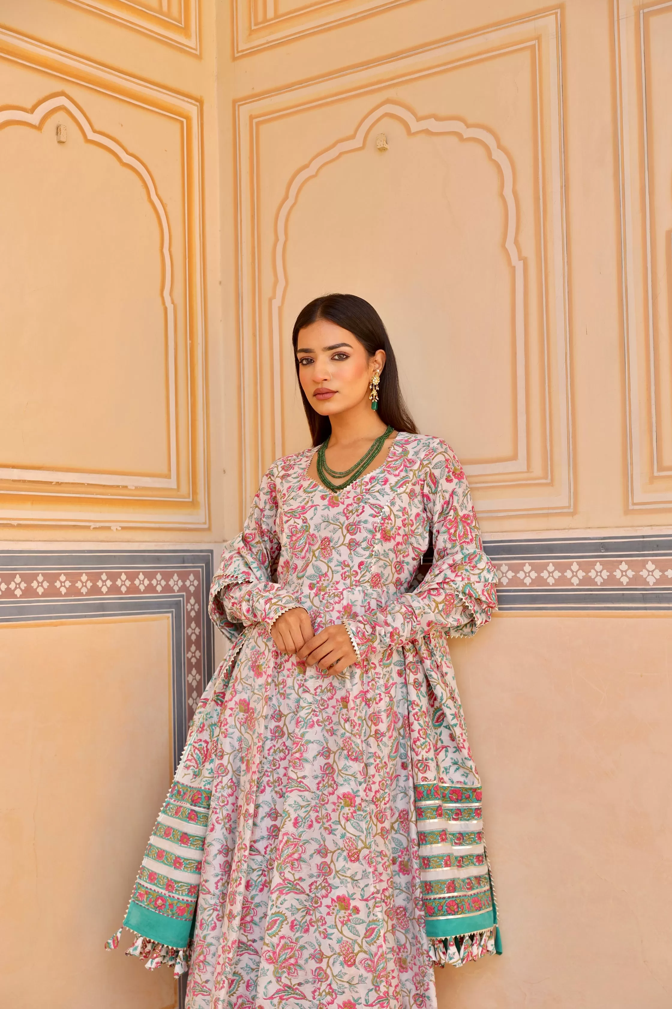 White flower print handblock chanderi anarkali set