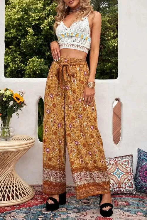 Wide Leg Hippie Pants Orange Belted