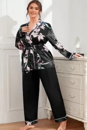 Women Plus Pajama Set Floral with Long sleeves