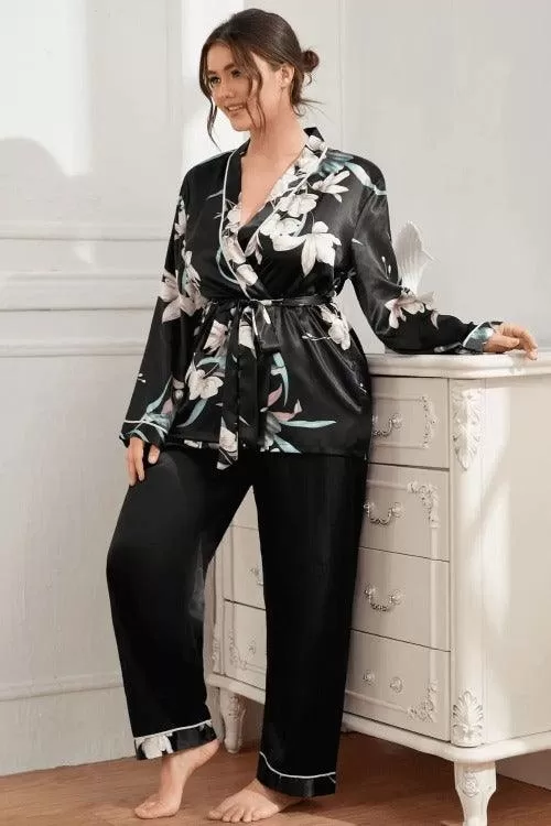 Women Plus Pajama Set Floral with Long sleeves