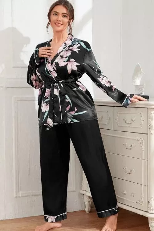 Women Plus Pajama Set Floral with Long sleeves