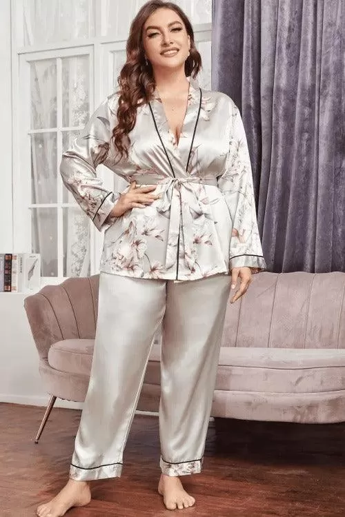 Women Plus Pajama Set Floral with Long sleeves