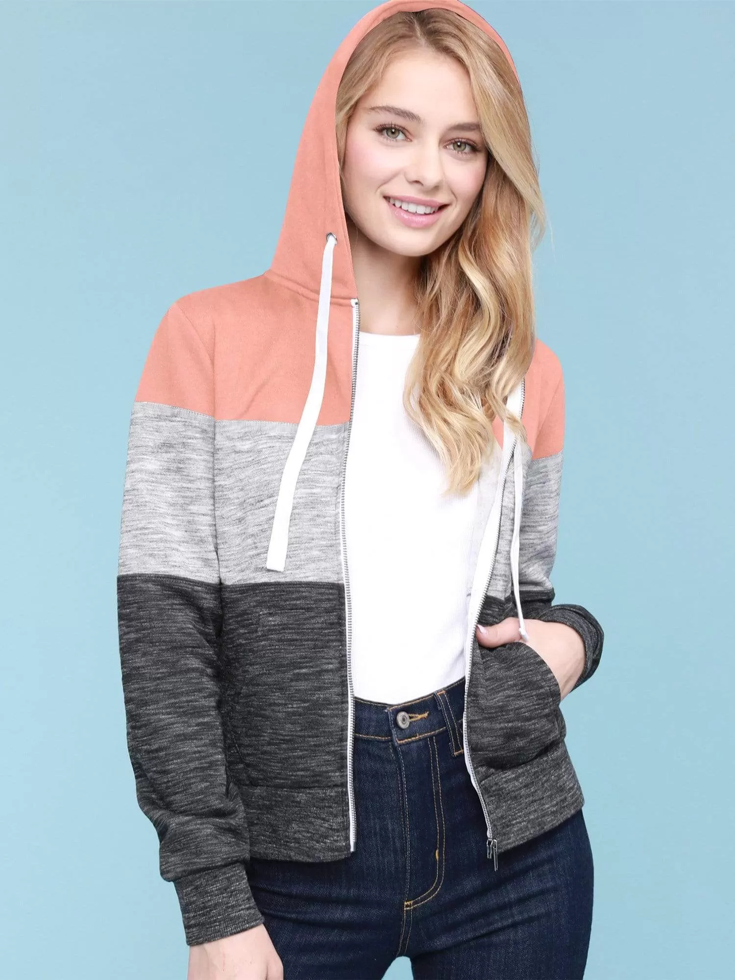 Women's Active Casual Zip-up Color Block Hoodie Sweatshirt