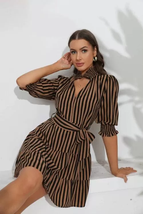 Women's Mini Dress Brown Stripped Belted