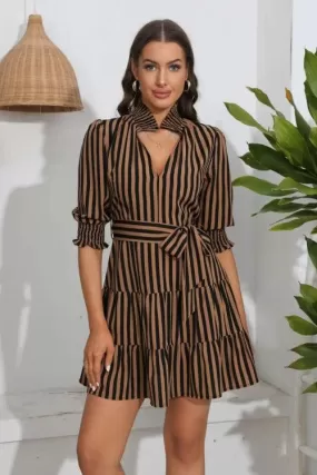 Women's Mini Dress Brown Stripped Belted