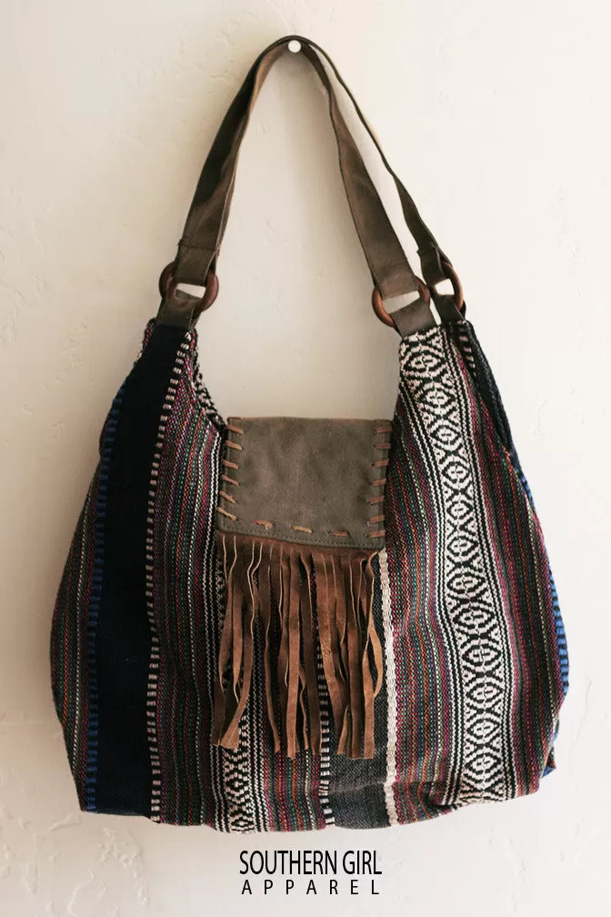 Woven Boho Hobo Fabric Bag with a Faux Leather Fringed flap